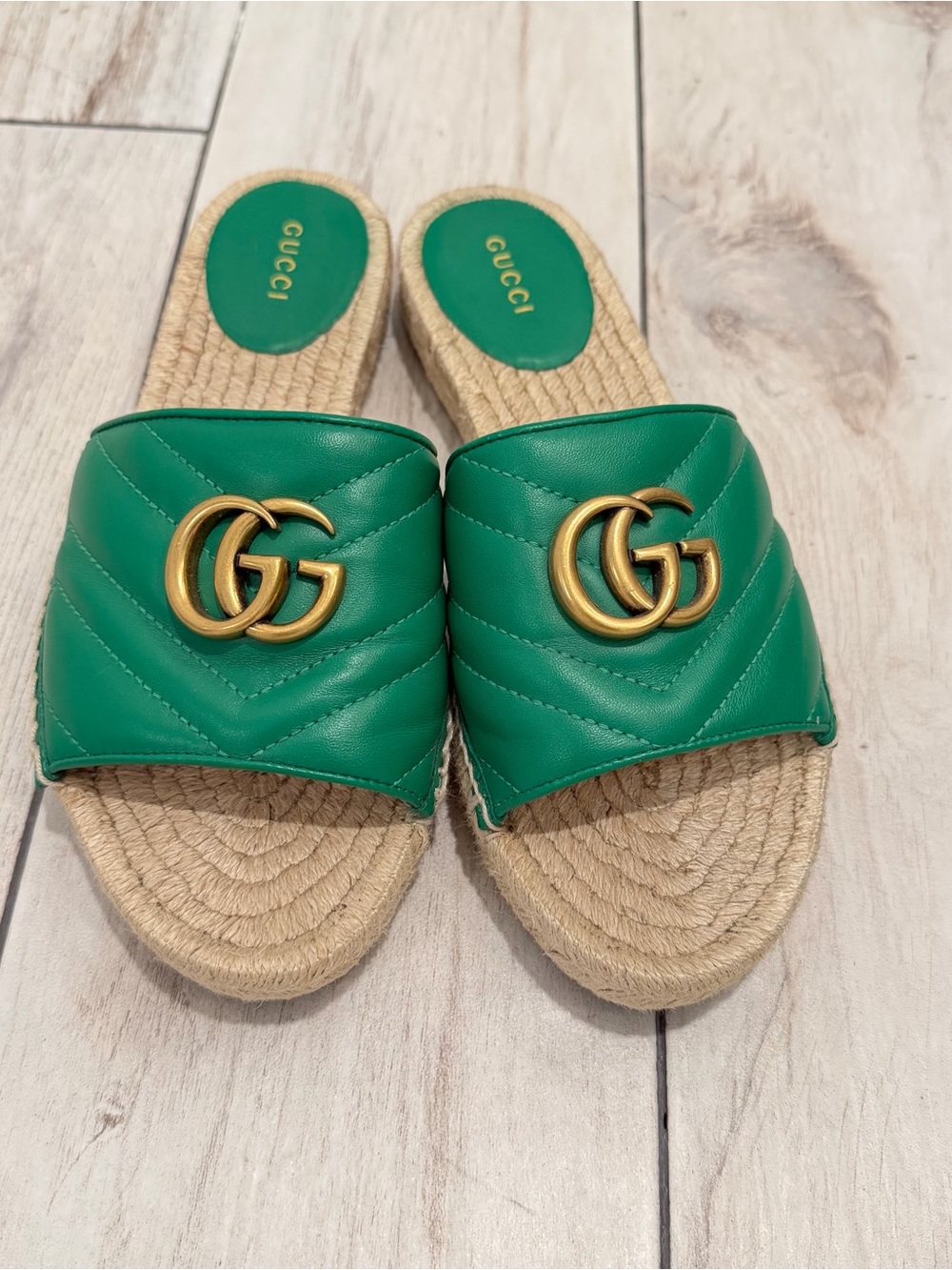 GUCCI Green Matelassé Leather Double G Espadrille Slides 37.5